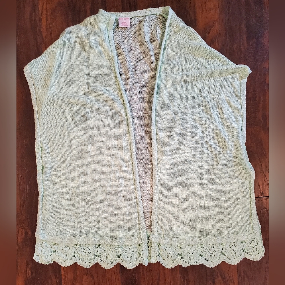 Sleep Sense Mint Green Open Front Knit Kimono w/Crochet Lace Hem Size L/XL